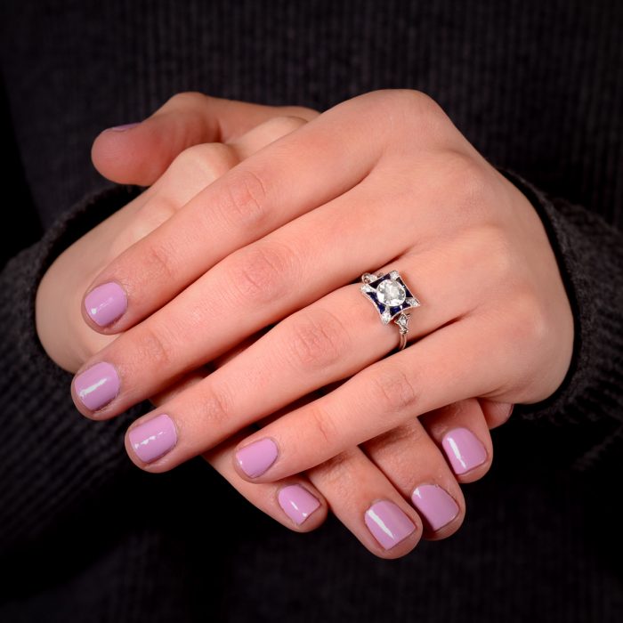 Old Mine Diamond and Sapphire Ring on Finger 12396