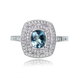 Oval Aquamarine Diamond Double Halo Ring - Roosevelt Ring 14016 TV