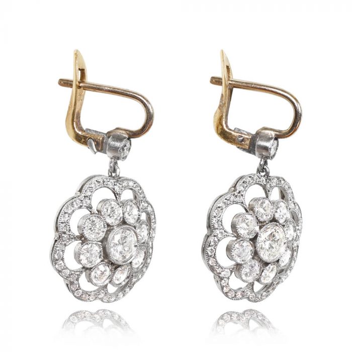 Edwardian Style Diamond Floral Halo Earrings - Excelsior Earrings 14178 TSV